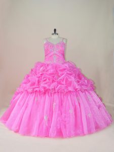Straps Sleeveless Quinceanera Dresses Brush Train Beading and Appliques and Pick Ups Baby Pink Organza and Taffeta