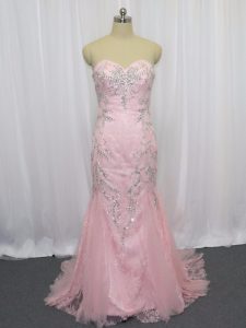 Customized Pink Mermaid Beading Evening Dress Zipper Tulle Sleeveless