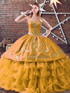 Sweet Embroidery and Ruffled Layers Sweet 16 Quinceanera Dress Gold Lace Up Sleeveless Floor Length