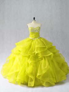 Organza Sweetheart Sleeveless Lace Up Beading and Ruffles Sweet 16 Dress in Yellow Green