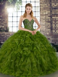 Olive Green Sweetheart Neckline Beading and Ruffles Ball Gown Prom Dress Sleeveless Lace Up
