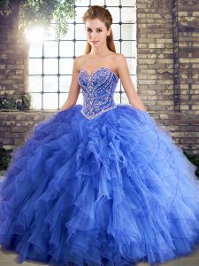 Fashionable Tulle Sweetheart Sleeveless Lace Up Beading and Ruffles 15 Quinceanera Dress in Blue