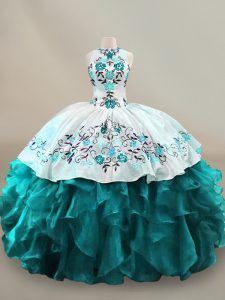 High End Teal Lace Up Quinceanera Dress Embroidery and Ruffles Sleeveless Floor Length