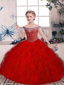 Fashion Red Sleeveless Tulle Lace Up Little Girls Pageant Dress for Party and Sweet 16