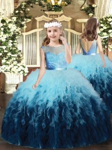 Multi-color Tulle Backless Scoop Sleeveless Floor Length Little Girl Pageant Gowns Ruffles