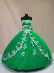 Attractive Strapless Sleeveless Tulle Quinceanera Gown Appliques Lace Up