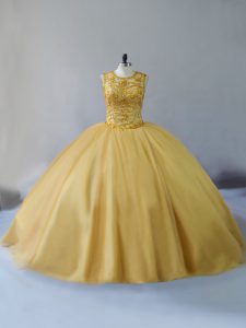 Gold Sleeveless Tulle Brush Train Lace Up Quinceanera Gowns for Sweet 16 and Quinceanera