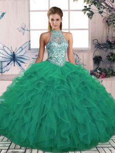 Halter Top Sleeveless Lace Up Quinceanera Gown Turquoise Tulle