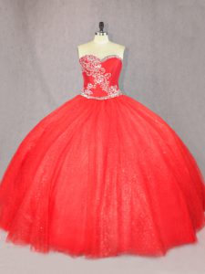 Beading Sweet 16 Quinceanera Dress Red Lace Up Sleeveless Floor Length