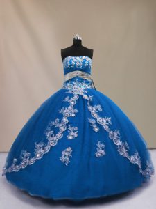 Best Selling Blue Ball Gowns Strapless Sleeveless Tulle Floor Length Lace Up Appliques Vestidos de Quinceanera