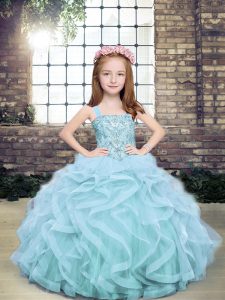 Light Blue Tulle Lace Up Straps Sleeveless Floor Length Pageant Gowns For Girls Beading and Ruffles