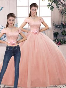 Perfect Floor Length Two Pieces Short Sleeves Pink Sweet 16 Dresses Lace Up