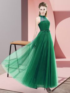 Admirable Dark Green Tulle Lace Up Bridesmaid Gown Sleeveless Floor Length Beading and Appliques