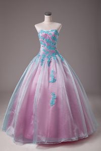 Exceptional Light Blue Organza Lace Up Sweetheart Sleeveless Floor Length Sweet 16 Dress Appliques