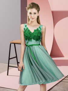 Flare Empire Wedding Guest Dresses Apple Green V-neck Tulle Sleeveless Knee Length Lace Up
