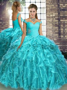 Glorious Sleeveless Brush Train Beading and Ruffles Lace Up Quinceanera Gown