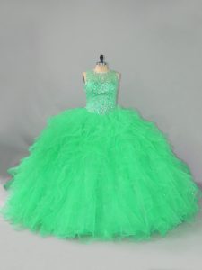 Chic Turquoise Tulle Lace Up Quinceanera Dresses Sleeveless Floor Length Beading and Ruffles