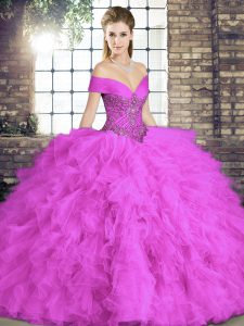 Perfect Off The Shoulder Sleeveless Quinceanera Gown Floor Length Beading and Ruffles Lilac Tulle