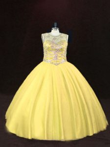 Tulle Scoop Sleeveless Lace Up Beading Vestidos de Quinceanera in Gold