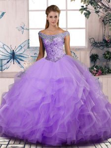 Great Lavender Ball Gown Prom Dress Sweet 16 and Quinceanera with Beading and Ruffles Off The Shoulder Sleeveless Lace U