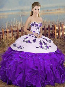 White And Purple Sleeveless Floor Length Embroidery and Ruffles and Bowknot Lace Up Quinceanera Gowns