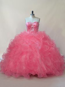 Floor Length Lace Up Quinceanera Dresses Coral Red for Sweet 16 and Quinceanera with Beading and Ruffles