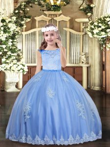 High Quality Baby Blue Ball Gowns Scoop Sleeveless Tulle Floor Length Zipper Beading and Appliques Kids Formal Wear