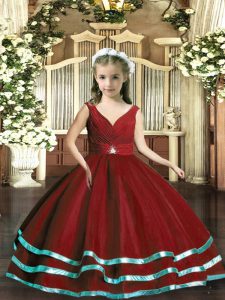 Elegant Wine Red Sleeveless Floor Length Beading and Ruching Backless Little Girls Pageant Gowns