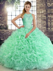 Decent Apple Green Lace Up Scoop Beading Ball Gown Prom Dress Fabric With Rolling Flowers Sleeveless