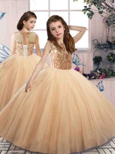 Custom Made Tulle Scoop Sleeveless Lace Up Beading Pageant Gowns For Girls in Champagne