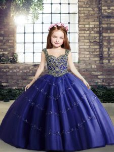 Royal Blue Sleeveless Floor Length Beading Lace Up Pageant Dress for Teens