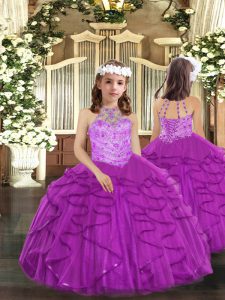Dazzling Purple Halter Top Lace Up Beading and Ruffles Kids Pageant Dress Sleeveless