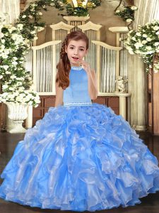 Most Popular Baby Blue Backless Halter Top Beading and Ruffles Little Girls Pageant Dress Wholesale Organza Sleeveless
