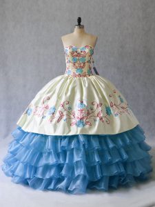 Most Popular Embroidery and Ruffled Layers Quinceanera Dress Blue And White Lace Up Sleeveless Floor Length
