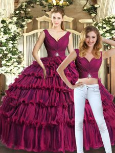 Burgundy Sleeveless Beading and Ruffled Layers Floor Length Ball Gown Prom Dress