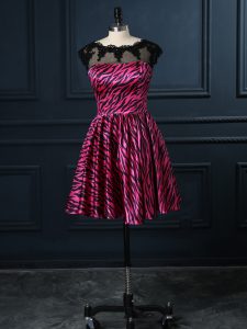 Hot Pink Scoop Backless Lace Prom Dress Cap Sleeves