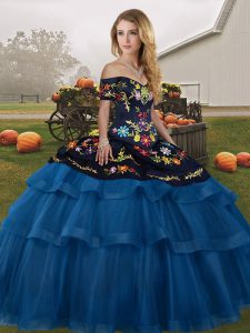 Simple Blue And Black Sleeveless Tulle Brush Train Lace Up Ball Gown Prom Dress for Military Ball and Sweet 16 and Quinc
