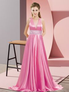 Popular Sleeveless Elastic Woven Satin Brush Train Backless Prom Dresses in Rose Pink with Beading