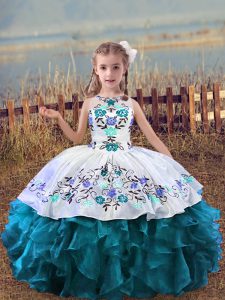 Cute Sleeveless Floor Length Embroidery and Ruffles Lace Up Winning Pageant Gowns with Teal