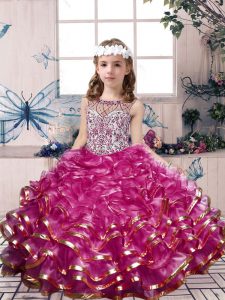 Scoop Sleeveless Little Girl Pageant Dress Floor Length Beading and Ruffles Fuchsia Organza
