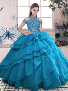 Clearance Sleeveless Organza Floor Length Lace Up Quinceanera Gown in Blue with Beading and Ruffled Layers