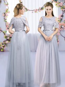 Noble Grey Empire Scoop Sleeveless Tulle Floor Length Zipper Lace and Belt Dama Dress