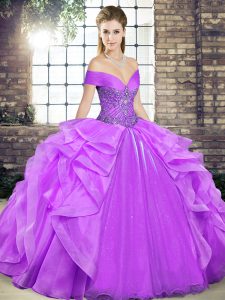 Most Popular Lavender Off The Shoulder Neckline Beading and Ruffles Quinceanera Dress Sleeveless Lace Up