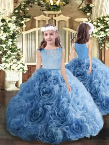 Sweet Blue Ball Gowns Bateau Sleeveless Fabric With Rolling Flowers Floor Length Zipper Beading Little Girl Pageant Gown