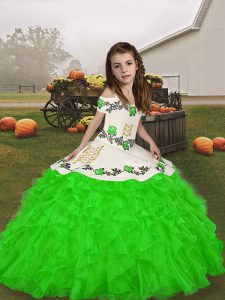 Elegant Green Ball Gowns Straps Sleeveless Organza Floor Length Lace Up Embroidery and Ruffles Little Girls Pageant Gown
