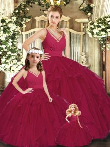 Burgundy Ball Gowns V-neck Sleeveless Tulle Floor Length Lace Up Ruching Quinceanera Dress