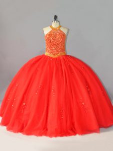Hot Selling Halter Top Sleeveless Tulle Quinceanera Dress Beading Lace Up