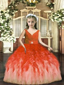 Beading and Ruffles Pageant Dress for Girls Rust Red Backless Sleeveless Floor Length