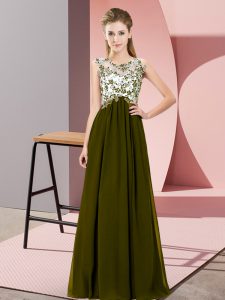 Floor Length Olive Green Bridesmaid Dress Chiffon Sleeveless Beading and Appliques