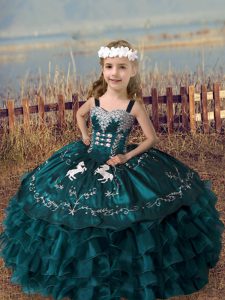 Green Straps Neckline Embroidery and Ruffled Layers Little Girls Pageant Dress Sleeveless Lace Up